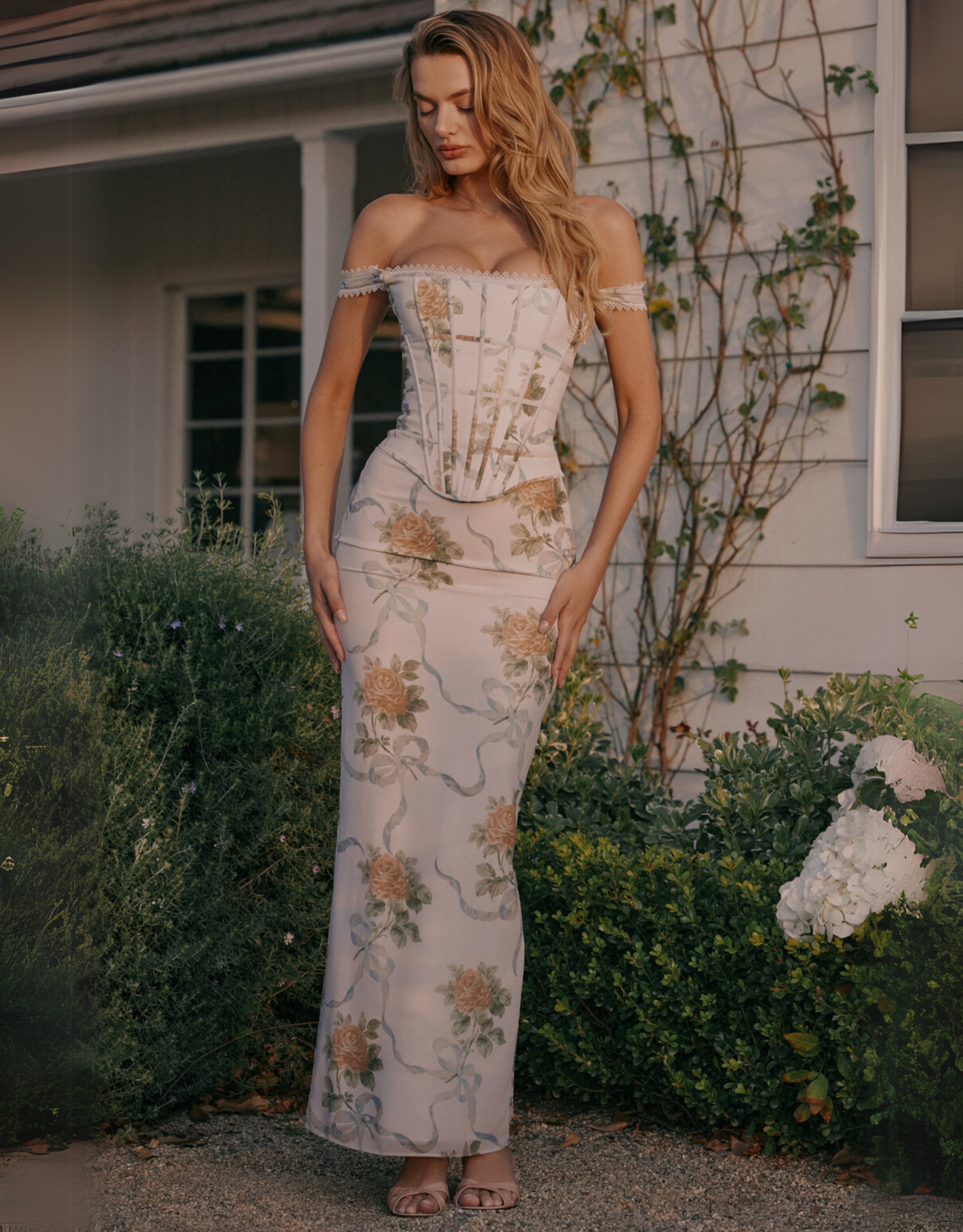 Vintage Print Corset Maxi Dress
